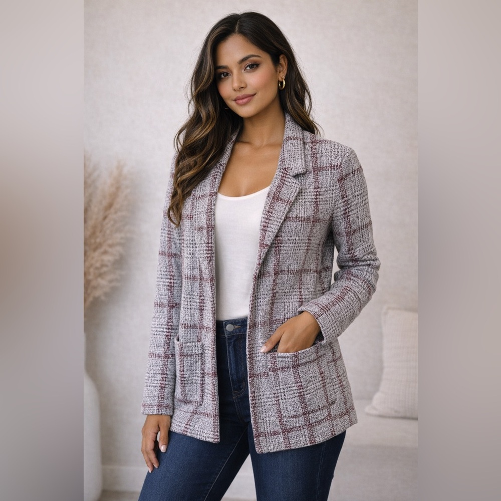 Maurices Plaid Open-Front Blazer - Light Gray & Burgundy